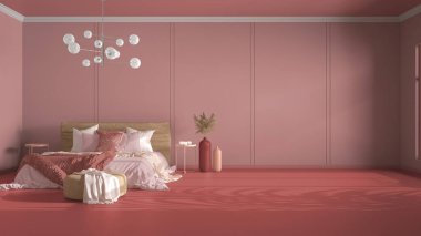 Fotokopi alanı olan klasik pembe arka plan: boş yatak odası, battaniyeli çift yatak, çarşaf ve yastıklar, puf ve dekorlar. Cam modern avize. Ev ve otel iç tasarım konsepti