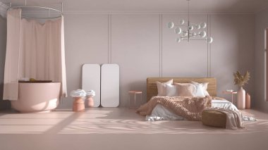 Fotokopi alanı olan klasik bej arka plan: boş yatak odası ve küvetli banyo, battaniyeli çift kişilik yatak, çarşaf ve yastıklar, puf ve dekorlar. Ev ve otel iç tasarım konsepti