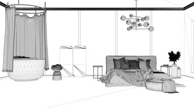 Taslak proje taslağı, fotokopi alanı olan klasik arka plan: boş yatak odası ve küvetli banyo, battaniyeli çift yatak, çarşaf, yastıklar. Ev ve otel iç tasarım konsepti