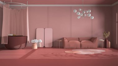 Fotokopi alanı olan klasik pembe arka plan: antika yuvarlak küvetli banyo, duş perdesi, halı, kanepe, aynalar, tabure ve dekorlar. Ev ve otel iç tasarım konsepti