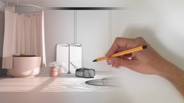 Mimari iç mimar konsepti: alan gerçek, klasik küveti, duş perdesi, halı ve puf olan klasik bej banyosu haline gelirken el çizimi iç tasarım projesi