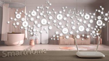 Wi-Fi kablosuz yönlendirici ahşap masada, akıllı ev, geometrik arkaplan birbirine bağlı hatlar ve noktalar sistem internetini gösteriyor, ev otomasyonu konsepti klasik banyo üzerinde.