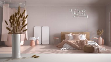 Beyaz masa üstünde ya da rafta pipetler, kuru bitkiler, süs, kulaklar, çarşaf, vazo dalı, yatak odası ve banyonun üzerinde çift yatak ve küvet, klasik lüks iç dizayn.