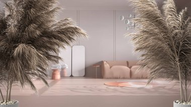 Çakıl taşlı kamışlar, kuru bitkiler, süs, kulaklar, kılıf, vazo içinde klasik bej banyo, yuvarlak küvet, kanepe, halı, havluyla tabure, lüks iç tasarım.