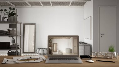 Mimari tasarımcı masaüstü konsepti, ahşap çalışma masasında iç tasarım projesini gösteren laptop, taslak arka planı, kanepesi, aynası, rafları olan modern oturma odası