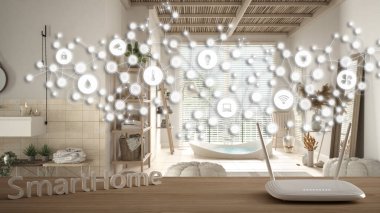 Wi-Fi kablosuz yönlendirici ahşap masa, akıllı ev, geometrik arkaplan bağlı çizgiler ve noktalar şeylerin internetini gösteriyor, ev otomasyonu kavramı modern banyo üzerinde