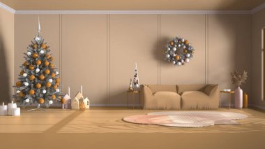 Kopya alanı olan klasik sarı arka plan: Noel süslemeli oturma odası ağaç, mumlar ve süsler, kanepe, halı ve yan masalar. Ev ve otel iç tasarım fikri