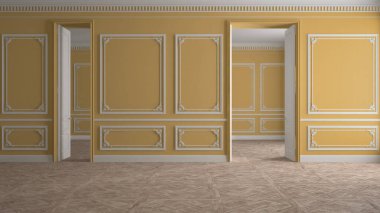 Boş oda iç tasarımı, sarı ve beyaz duvarları olan klasik açık alan, parke ahşap zemin, süslemeli duvarlar, Victoria tarzı lüks mimari, insan yok, maketleme, kopyalama alanı