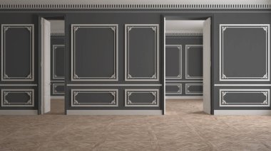 Boş oda iç tasarımı, gri ve beyaz duvarlı klasik açık alan, parke ahşap zemin, süslemeli duvarlar, Victoria tarzı lüks mimari, insan yok, maket alanı, kopyalama alanı.