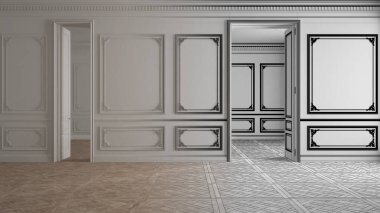 Mimari iç mimar konsepti: gerçek, klasik açık alan, parke, süsleme, mimari, insan yok, taklit, kopyalama alanı haline gelen el çizimi tamamlanmamış proje