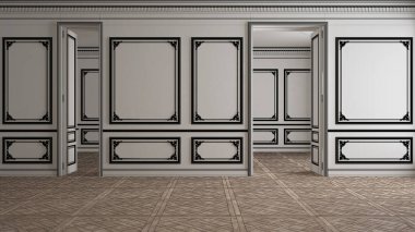 Boş beyaz iç mekan, özel mimari tasarım projesi, siyah mürekkep çizimi, klasik açık alanı gösteren plan, parke, süslemeli duvarlar, mimari, maket, kopyalama alanı