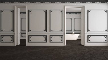 Boş oda iç tasarımı, beyaz ve gri duvarlı klasik açık alan, parke zemin, süslemeli duvarlar, küvet arka planlı banyo, insan yok, fotokopi alanı ile taklit edilmiş.