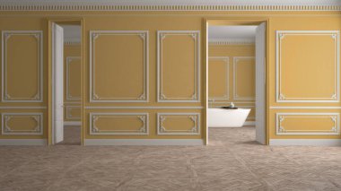 Boş oda iç tasarımı, beyaz ve sarı duvarlı klasik açık alan, parke döşeme, duvar kalıpları, küvet arkaplanı olan banyo, insan yok, kopyalama alanı ile taklit edilmiş.