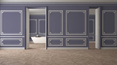 Boş oda iç tasarımı, beyaz ve menekşe duvarlı klasik açık alan, parke döşeme, duvarlar süsleme, küvet arka planlı banyo, insan yok, kopyalama alanı ile taklit edilmiş.