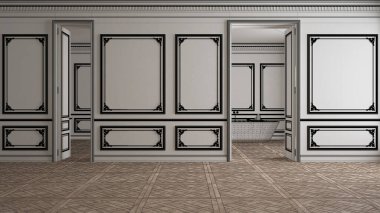 Boş beyaz iç mekan, özel mimari tasarım projesi, siyah mürekkep çizimi, klasik açık alanı gösteren plan, parke, süslemeli duvarlar, küvet arka planlı banyo.