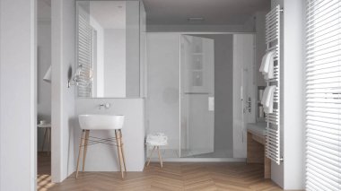 Lavabolu minimalist banyo, cam kabinli büyük duş, havlulu ısıtılmış tırabzan, herringbone parke, Venedik panjurlu pencere, iç tasarım konsepti.
