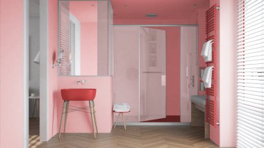 Lavabolu minimalist banyo, cam kabinli büyük duş, havlulu ısıtılmış tırabzan, herringbone parke, Venedik panjurlu pencere, iç tasarım konsepti.