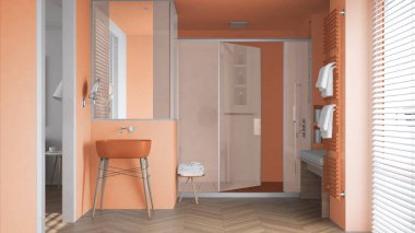 Minimalist banyo turuncu tonlarda, lavabolu, büyük duşlu cam kabin, ısıtmalı havlular, herringbone parke, venetian panjurlu pencere, iç tasarım konsepti