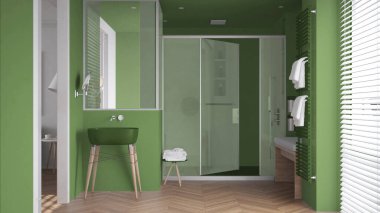 Lavabolu minimalist banyo, cam kabinli büyük duş, havlulu ısıtılmış tırabzan, herringbone parke, Venedik panjurlu pencere, iç tasarım konsepti.