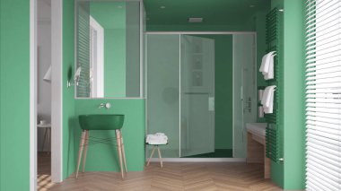 Lavabolu minimalist banyo, cam kabinli büyük duş, ısıtılmış kule korkuluğu, havlular, ringa kemiği parke, Venedik jaluzili pencere, iç tasarım konsepti