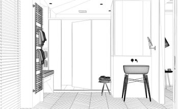 Taslak proje taslak, lavabolu minimalist banyo, cam kabinli duş, ısıtılmış kule korkuluğu, havlular, herringa kemiği parke, Venedik panjurlu pencere, iç tasarım konsepti