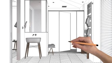 İçi boş beyaz parke, beyaz duvarlar, el yapımı mimari tasarım, siyah mürekkep çizimi, banyo ve lavabo ile minimalist banyoyu gösteren plan.