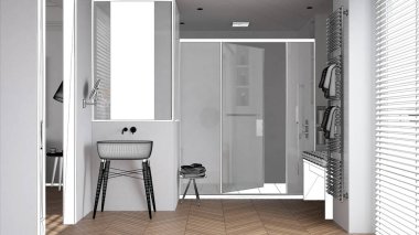 Proje taslağı, lavabolu minimalist banyo taslağı, duş camı kabini, ısıtılmış kule korkuluğu, herringbone parke, perdeli pencere, iç tasarım, özel mobilya.