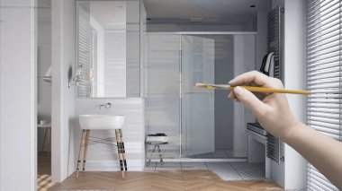 Taslak proje taslağı, minimalist banyo taslağı, el boyası iç dekorasyon fikri, tasarım konsepti, büyük duş camı kabini, havlulu ısıtılmış kule rayı, özel mobilya.
