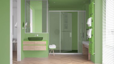 Lavabolu minimalist banyo, cam kabinli büyük duş, havlulu ısıtılmış tırabzan, herringbone parke, Venedik panjurlu pencere, iç tasarım konsepti.