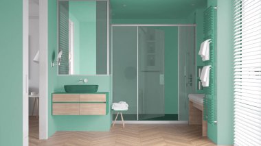 Lavabolu minimalist banyo, cam kabinli büyük duş, ısıtılmış kule korkuluğu, havlular, ringa kemiği parke, Venedik jaluzili pencere, iç tasarım konsepti
