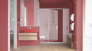 Lavabolu minimalist banyo, cam kabinli büyük duş, havlulu ısıtılmış tırabzan, herringbone parke, Venedik panjurlu pencere, iç tasarım konsepti.