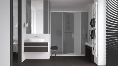 Lavabolu minimalist banyo, cam kabinli büyük duş, havlulu ısıtılmış tırabzan, herringbone parke, Venedik panjurlu pencere, iç tasarım konsepti.