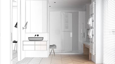 Mimari iç mimar konsepti: elle çizilmiş tamamlanmamış taslak proje, lavabolu banyo tasarımı, duş kabini, ısıtmalı kule korkuluğu, parke, jaluzili pencere