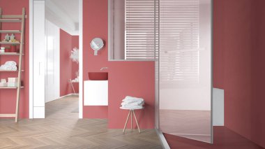Kırmızı tonlarda minimalist banyo, büyük duşlu cam kabin, merdiven rafı, havluyla yan masa, herringbone parke, venedik panjurlu pencere, iç tasarım konsepti.