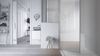 Mimari iç mimar konsepti: bitirilmemiş el yapımı taslak proje gerçeğe dönüşüyor, büyük cam kabinli banyo, raflar, parke, vantilatör jaluzili pencere