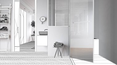 Taslak taslağı, lavabolu minimalist banyo taslağı, büyük duş camı kabini, merdiven rafları, herringbone parke, perdeli pencere, iç tasarım, özel mobilya.
