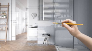 Taslak proje taslağı, minimalist banyo taslağı, el boyası iç dekorasyon fikri, banyo camı kabini, merdiven rafları, havlularla dolu masa, özel mobilyalar.