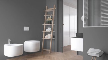 Merdiven rafı, şişeler ve banyo aksesuarlarıyla minimalist tuvaletler, yatak odasının üzerinde kayan kapı, havluyla yan masa, ringa kemiği parke, iç tasarım konsepti