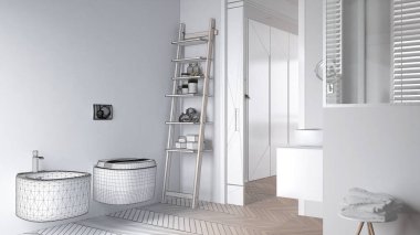 Mimari iç mimar konsepti: elle çizilmiş tamamlanmamış proje, merdiven raflı banyo, banyo aksesuarları, havlulu yan masa, herringbone parke