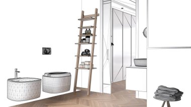 Lavabosu, merdiveni, banyo aksesuarları, havluları olan bir minimalist banyo, iç mimari konsept fikri, siyah mürekkep taslağı taslağı, özel mobilya taslak projesi