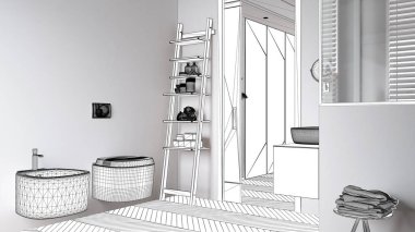 Taslak taslağı, lavabolu minimalist banyo taslağı, şişeli merdiven rafları ve banyo aksesuarları, havlular, ringa kemiği parke, iç tasarım, özel mobilyalar.