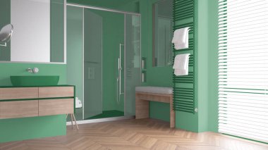 Lavabolu minimalist banyo, cam kabinli büyük duş, ısıtılmış kule rayı, ahşap bank, ringa kemiği parke, Venedik panjurlu pencere, iç tasarım.