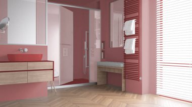 Lavabolu minimalist banyo, cam kabinli büyük duş, ısıtılmış kule korkuluğu, ahşap bank, herringbone parke, venetian panjurlu pencere, iç tasarım konsepti.