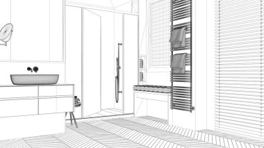 Taslak proje taslağı, lavabolu minimalist banyo, cam kabinli duş, ısıtılmış kule rayı, bank, herringbone parke, venetian panjurlu pencere, iç tasarım konsepti