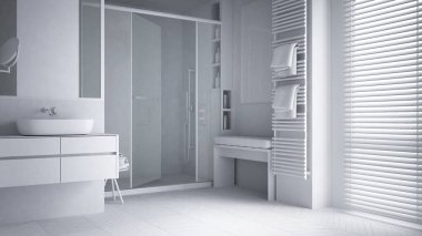 Tamamen beyaz proje, lavabolu minimalist banyo, cam kabin ile büyük duş, ısıtılmış kule rayı, bank, herringbone parke, Venedik panjurlu pencere, iç tasarım konsepti