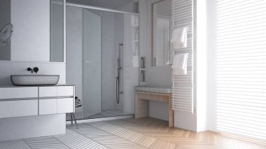 Mimari iç mimar konsepti: elle çizilmiş tamamlanmamış taslak proje, lavabolu banyo, cam duş kabini, ısıtılmış kule korkuluğu, herringbone parke, pencere