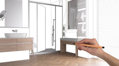 İçi boş beyaz parke, beyaz duvarlar, el yapımı mimari tasarım, siyah mürekkep çizimi, banyo ve lavabo ile minimalist banyoyu gösteren plan.