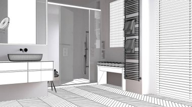 Taslak taslağı, lavabolu minimalist banyo taslağı, duş camı kabini, ısıtılmış kule korkuluğu, parke, jaluzili bank ve pencere, iç tasarım, özel mobilya.