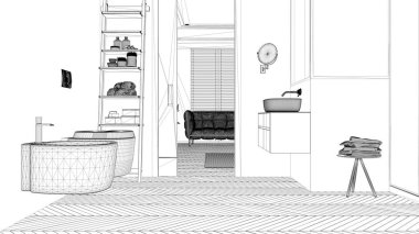 Proje taslağı, minimalist banyo merdiven rafı, şişeler ve banyo aksesuarları oturma odasının üzerinde kayan kapı, havluyla yan masa, parke, iç tasarım konsepti.