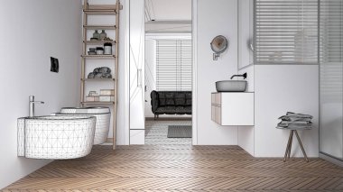 Taslak taslağı, tasarım konsepti, mimar tasarım projesi, rafları ve banyo aksesuarları olan banyo, oturma odasının üzerindeki sürgülü kapı, havluları olan yan masa, parke zemin.